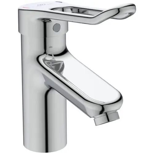 Chromfarbene Armatur mit Bügelgriff, geeignet für Badezimmer. Hersteller Ideal Standard, modern gestaltet, ohne Ablauffunktion, mit einem klaren Flüssigkeitsauslass.